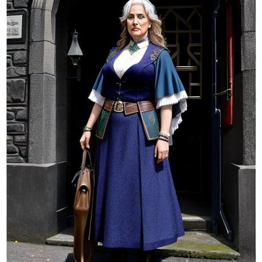 A woman in blue dress holding a brown bag.