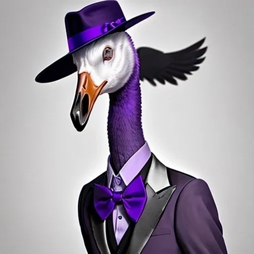 A goose wearing a purple suit and hat.