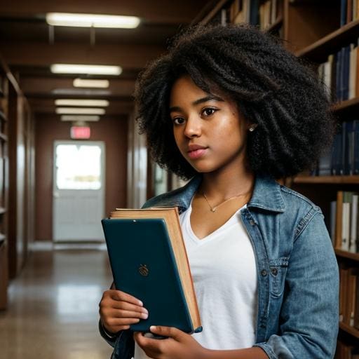 A woman holding a book in a library.