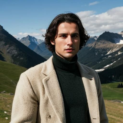 A man in a jacket and sweater standing on top of a hill.