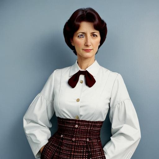 A woman in white shirt and plaid skirt.