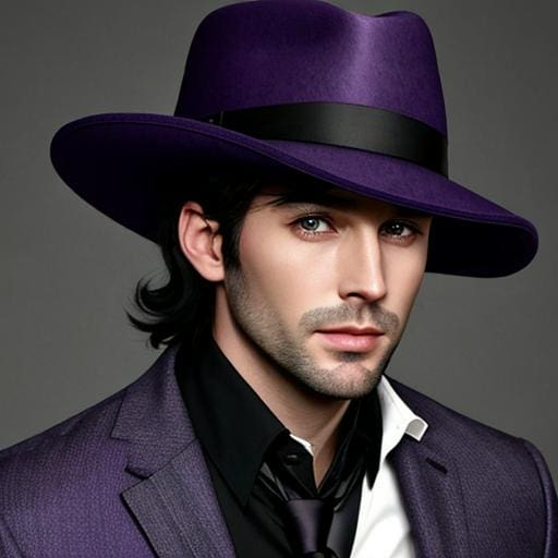 A man in purple hat and suit.