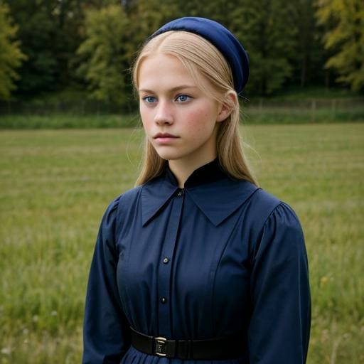 A young woman in blue dress and hat standing on grass.