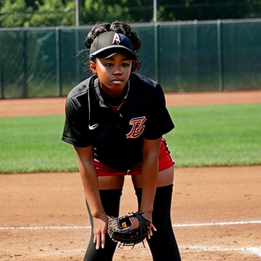 A girl in black shirt holding baseball glove on field.