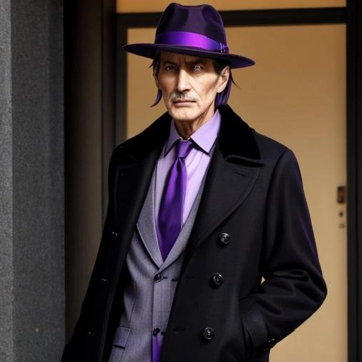 A man in purple hat and tie standing next to a door.