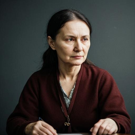 A woman sitting in front of a gray wall.