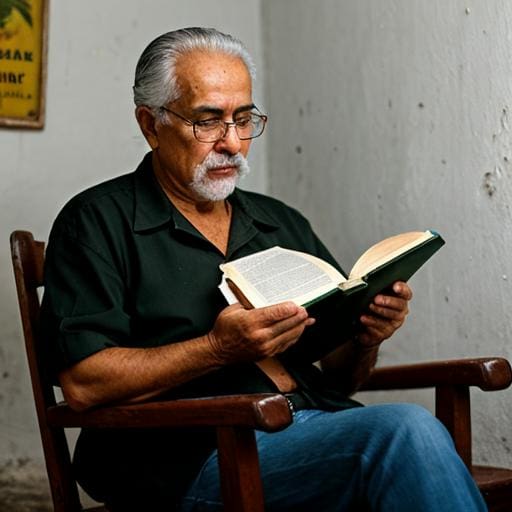 A man sitting in a chair reading a book.