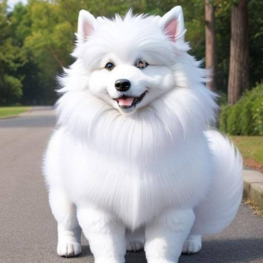 A white dog sitting on the side of a road.