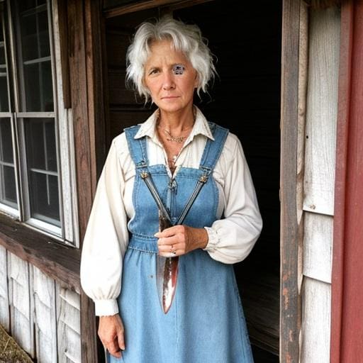 A woman standing in front of a building holding scissors.