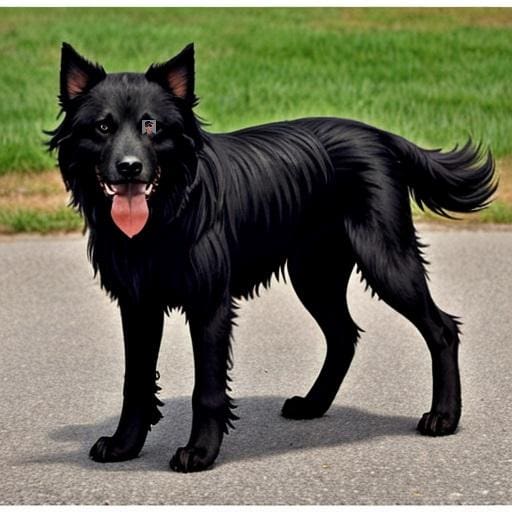 A black dog standing on the side of a road.